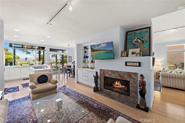 Dining room, Fireplace, Interior, Kitchen, Living room, Pendant Lights, Recessed Lighting, Wood Texture Flooring
