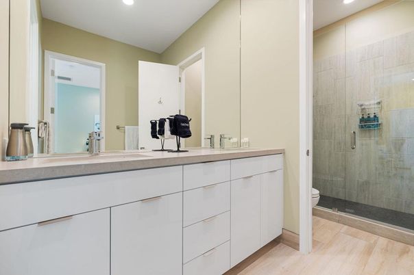 Bathroom, Glass Shower, Interior, Recessed Lighting, Wood Texture Flooring