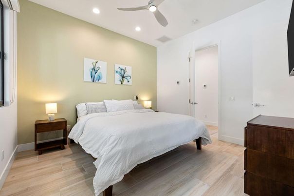Bedroom, Interior, Recessed Lighting, Wood Texture Flooring