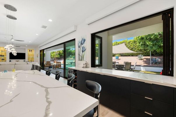 Dining room, Interior, Pendant Lights, Recessed Lighting, Wood Texture Flooring