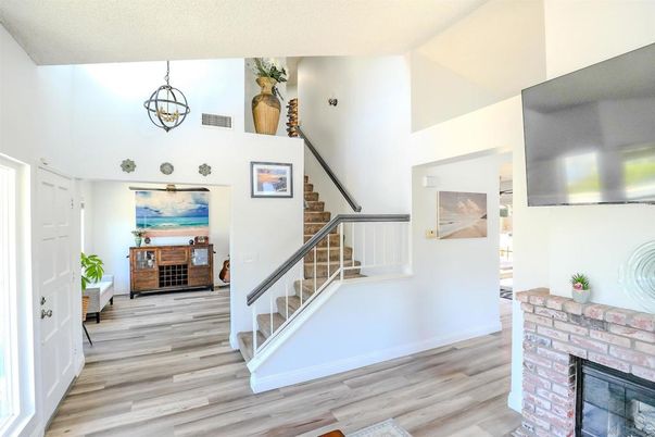 Fireplace, Interior, Pendant Lights, Wood Texture Flooring