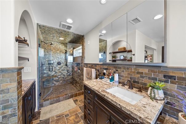 Bathroom, Glass Shower, Interior, Recessed Lighting, Stone Walls
