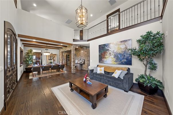Dining room, Interior, Living room, Pendant Lights, Recessed Lighting, Stone Walls, Wooden Beams, Wood Texture Flooring