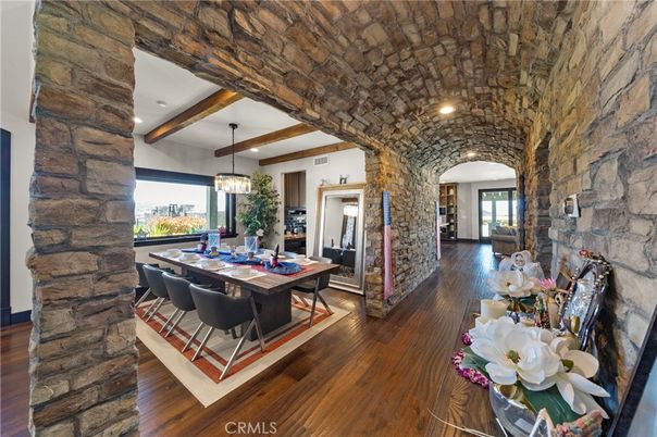 Dining room, Interior, Pendant Lights, Recessed Lighting, Stone Walls, Wooden Beams, Wood Texture Flooring