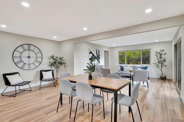 Dining room, Interior, Recessed Lighting, Wood Texture Flooring