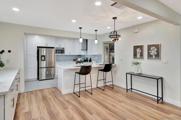 Interior, Kitchen, Pendant Lights, Recessed Lighting, Stainless Steel Appliances, Wood Texture Flooring