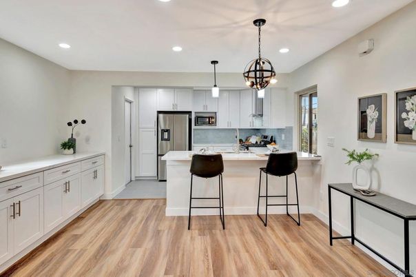 Interior, Kitchen, Pendant Lights, Recessed Lighting, Stainless Steel Appliances, Wood Texture Flooring