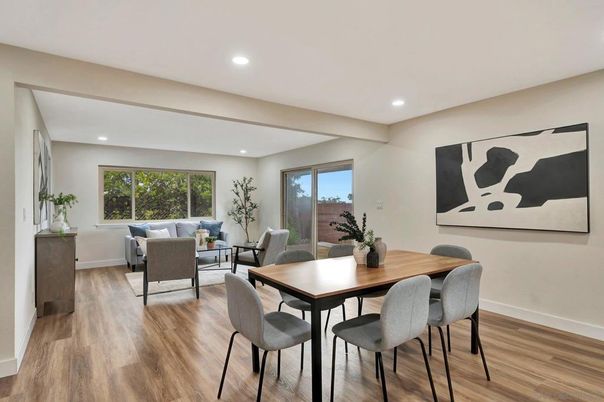 Dining room, Interior, Living room, Recessed Lighting, Wood Texture Flooring