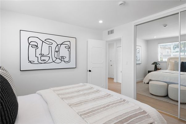 Bedroom, Interior, Recessed Lighting, Wood Texture Flooring