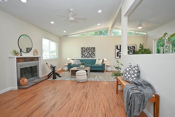 Fireplace, Interior, Living room, Recessed Lighting, Wood Texture Flooring