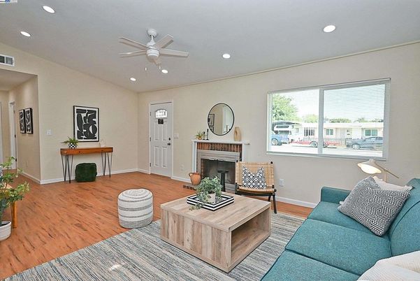 Fireplace, Interior, Living room, Recessed Lighting, Wood Texture Flooring