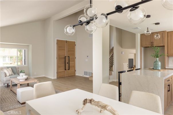 Dining room, Interior, Kitchen, Living room, Pendant Lights, Wood Texture Flooring