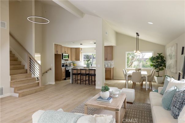 Dining room, Interior, Kitchen, Living room, Pendant Lights, Recessed Lighting, Stainless Steel Appliances, Wood Texture Flooring