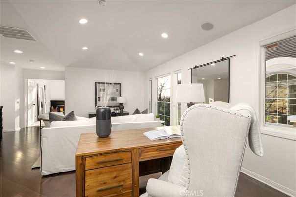 Fireplace, Home Office, Interior, Living room, Recessed Lighting, Wood Texture Flooring
