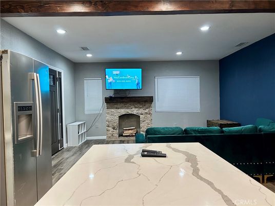 Fireplace, Interior, Recessed Lighting, Wood Texture Flooring