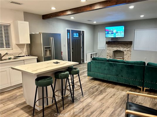Fireplace, Interior, Kitchen, Recessed Lighting, Wooden Beams, Wood Texture Flooring