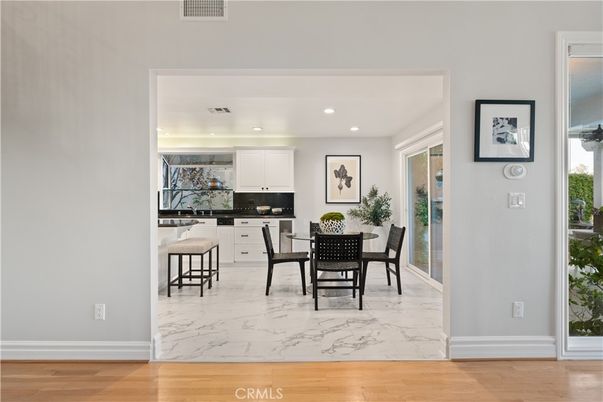 Dining room, Interior, Kitchen, Marble, Recessed Lighting, Wood Texture Flooring