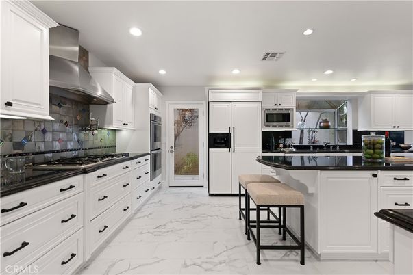 Interior, Kitchen, Marble, Recessed Lighting, Stainless Steel Appliances