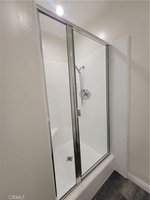 Bathroom, Glass Shower, Interior, Recessed Lighting, Wood Texture Flooring