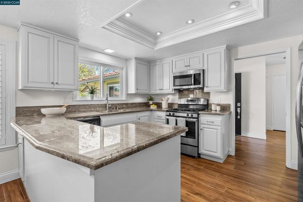 Interior, Kitchen, Recessed Lighting, Stainless Steel Appliances, Wood Texture Flooring