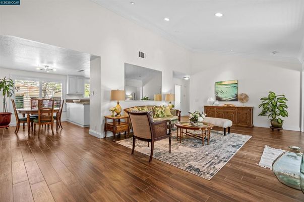 Dining room, Interior, Living room, Recessed Lighting, Wood Texture Flooring