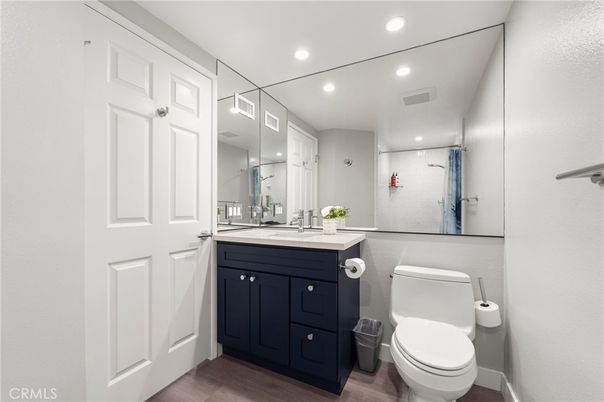 Bathroom, Interior, Recessed Lighting, Wood Texture Flooring