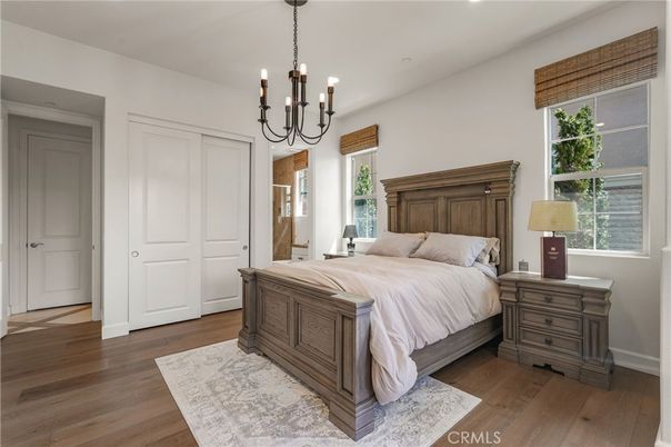 Bedroom, Chandelier, Interior, Wood Texture Flooring