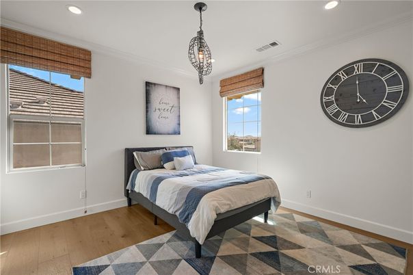Bedroom, Interior, Pendant Lights, Recessed Lighting, Wood Texture Flooring