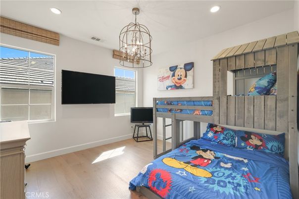 Bedroom, Interior, Pendant Lights, Recessed Lighting, Wood Texture Flooring