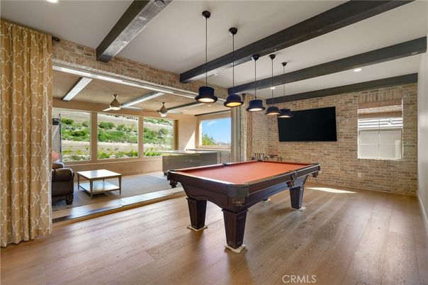 Billiard Table, Game Room, Interior, Pendant Lights, Recessed Lighting, Stone Walls, Wooden Beams, Wood Texture Flooring