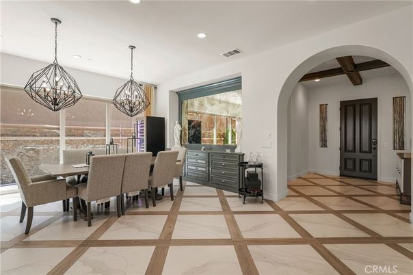 Chandelier, Dining room, Interior, Marble, Pendant Lights, Recessed Lighting, Wooden Beams