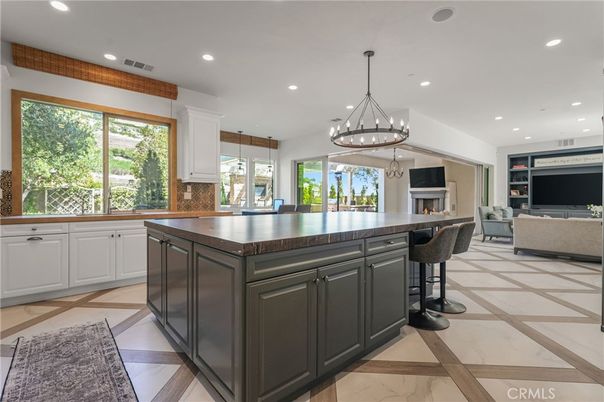 Chandelier, Fireplace, Interior, Kitchen, Living room, Marble, Pendant Lights, Recessed Lighting