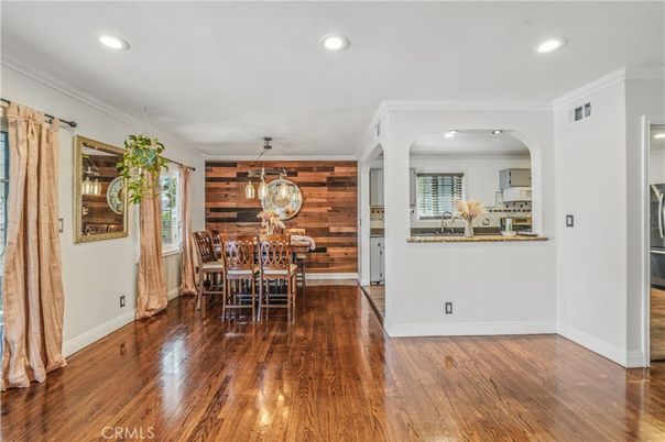 Dining room, Interior, Recessed Lighting, Wood Texture Flooring, Wooden Walls