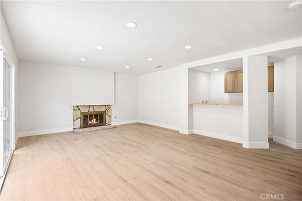 Empty room, Fireplace, Interior, Recessed Lighting, Wood Texture Flooring