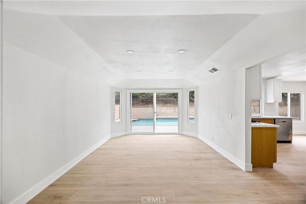 Empty room, Interior, Kitchen, Recessed Lighting, Wood Texture Flooring
