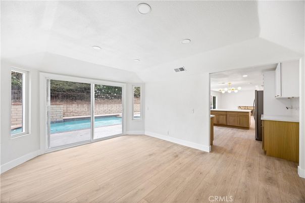 Empty room, Interior, Pendant Lights, Recessed Lighting, Wood Texture Flooring