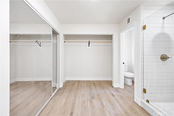 Bathroom, Glass Shower, Interior, Walk-in Closets, Wood Texture Flooring