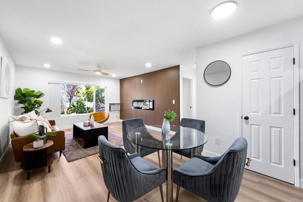 Dining room, Interior, Living room, Recessed Lighting, Wood Texture Flooring, Wooden Walls