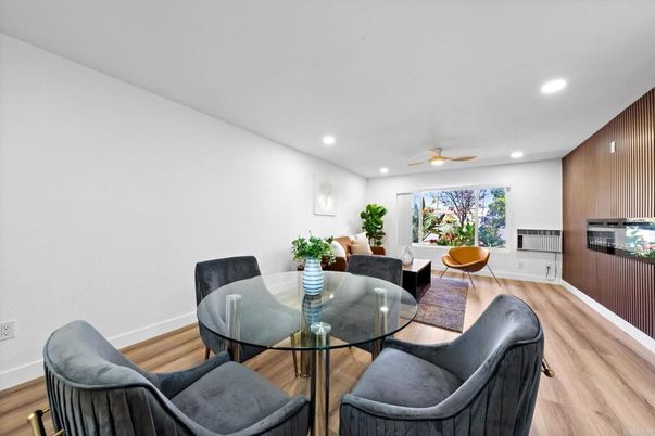 Dining room, Interior, Living room, Recessed Lighting, Wood Texture Flooring