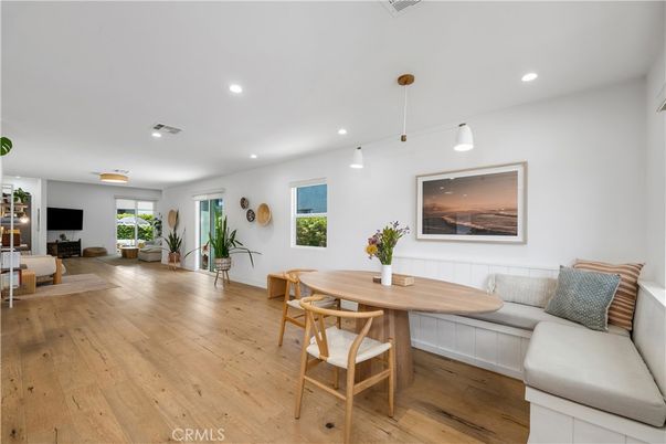 Dining room, Interior, Living room, Recessed Lighting, Wood Texture Flooring
