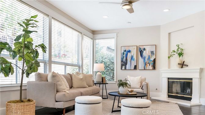 Fireplace, Interior, Living room, Recessed Lighting, Wood Texture Flooring