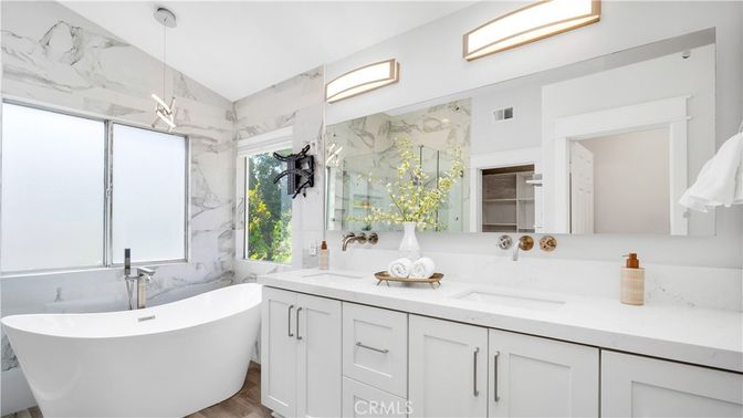 Bathroom, Dual Sink Vanities, Free Standing Baths, Glass Shower, Interior, Marble Walls
