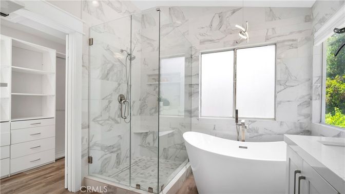 Bathroom, Free Standing Baths, Glass Shower, Interior, Marble Walls, Wood Texture Flooring