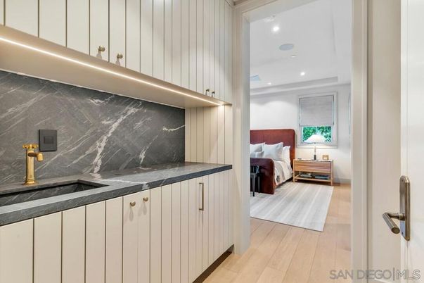 Bedroom, Interior, Marble Walls, Recessed Lighting, Wood Texture Flooring