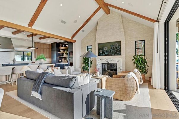Fireplace, Interior, Kitchen, Living room, Pendant Lights, Recessed Lighting, Wooden Beams, Wood Texture Flooring