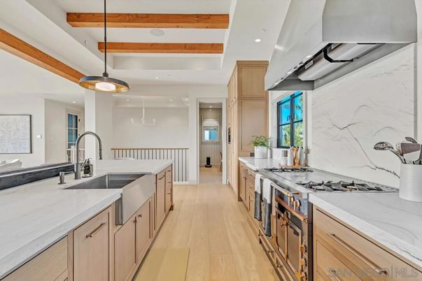 Interior, Kitchen, Marble Walls, Pendant Lights, Recessed Lighting, Wooden Beams, Wood Texture Flooring