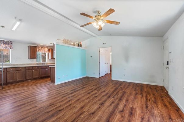 Empty room, Interior, Kitchen, Recessed Lighting, Wood Texture Flooring
