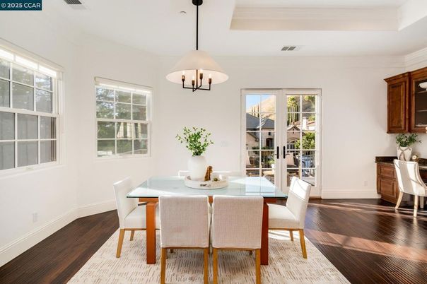Chandelier, Dining room, Interior, Pendant Lights, Wood Texture Flooring