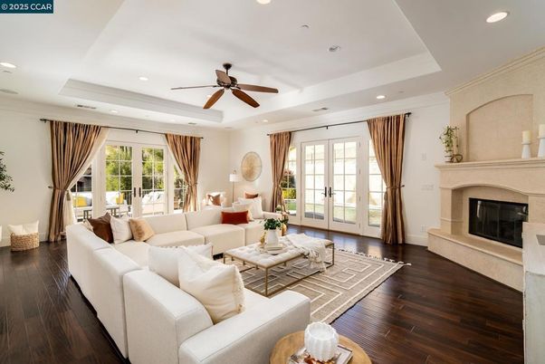 Fireplace, Interior, Living room, Recessed Lighting, Wood Texture Flooring