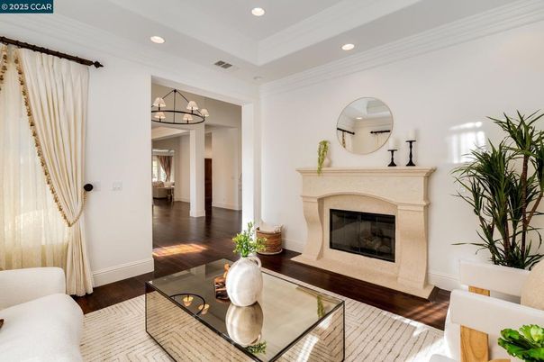 Chandelier, Fireplace, Interior, Living room, Recessed Lighting, Wood Texture Flooring